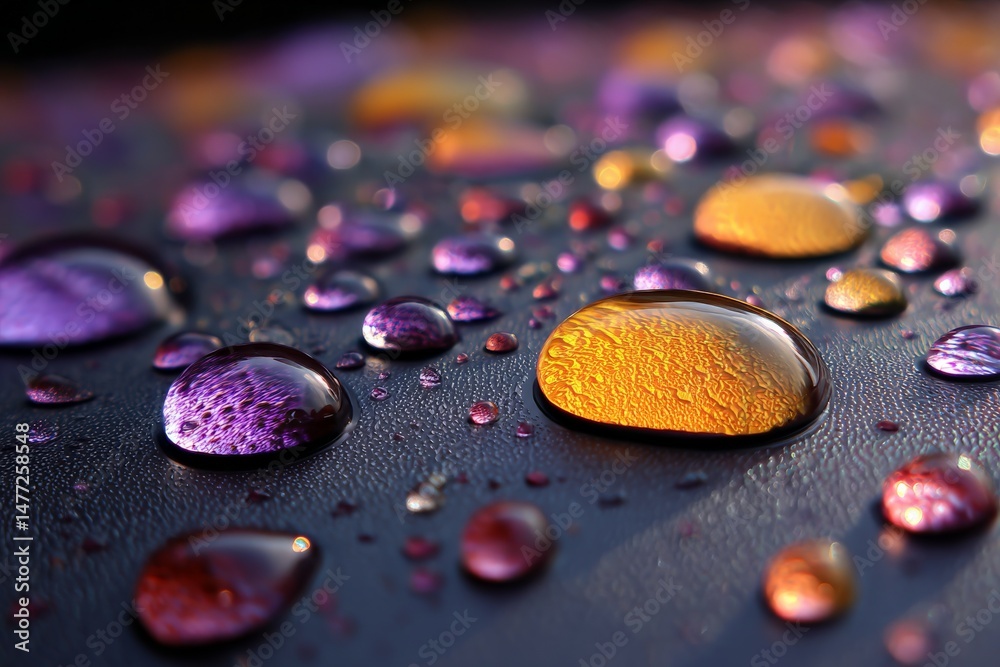 Aufkleber close-up of colorful water droplets on a surface reflecting light during twilight hours