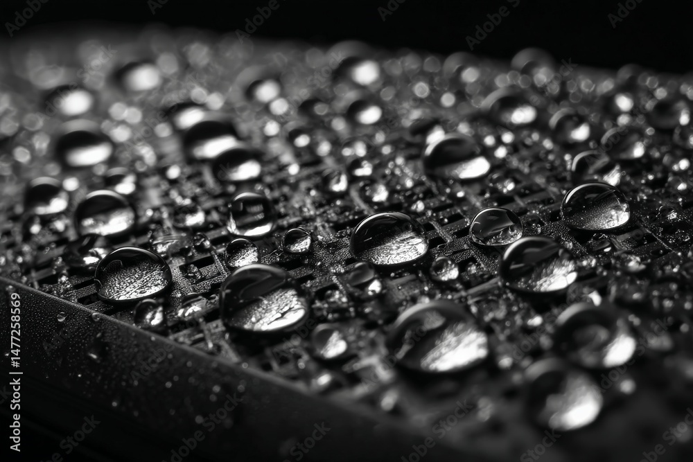 Poster Water droplets collect on a textured surface showcasing intricate details and reflections in a close-up view