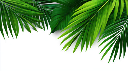 Lush green tropical palm leaves are beautifully arranged against a crisp white background, creating a refreshing and vibrant botanical composition for design use.