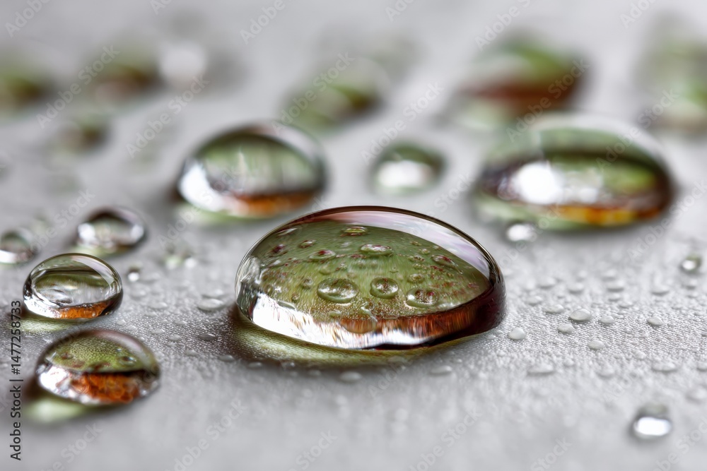 Poster water droplets resting on a textured surface reflecting light and colors during a rainy day