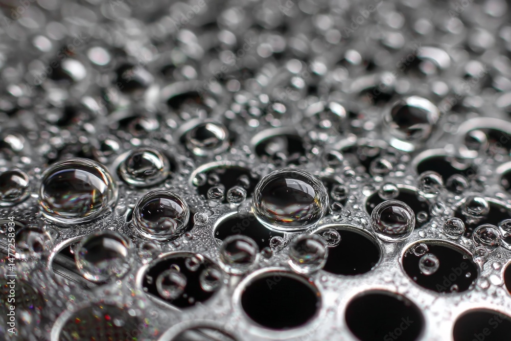 Aufkleber Close-up view of water droplets on metallic surface displaying captivating reflections and textures in natural light