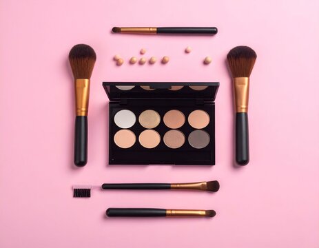 Flat lay of eyeshadow palette, makeup brushes, and pearls on pink background.  Perfect for beauty blogs, makeup tutorials, or cosmetic product advertising. - Powered by Adobe