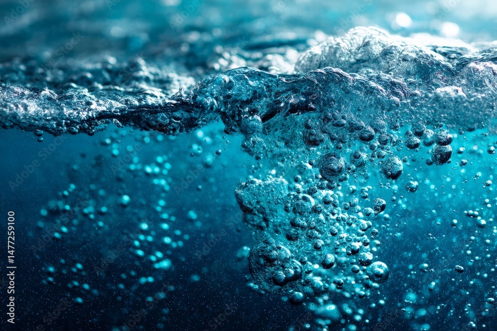 Poster bubbles rising in clear water captured in motion under soft lighting