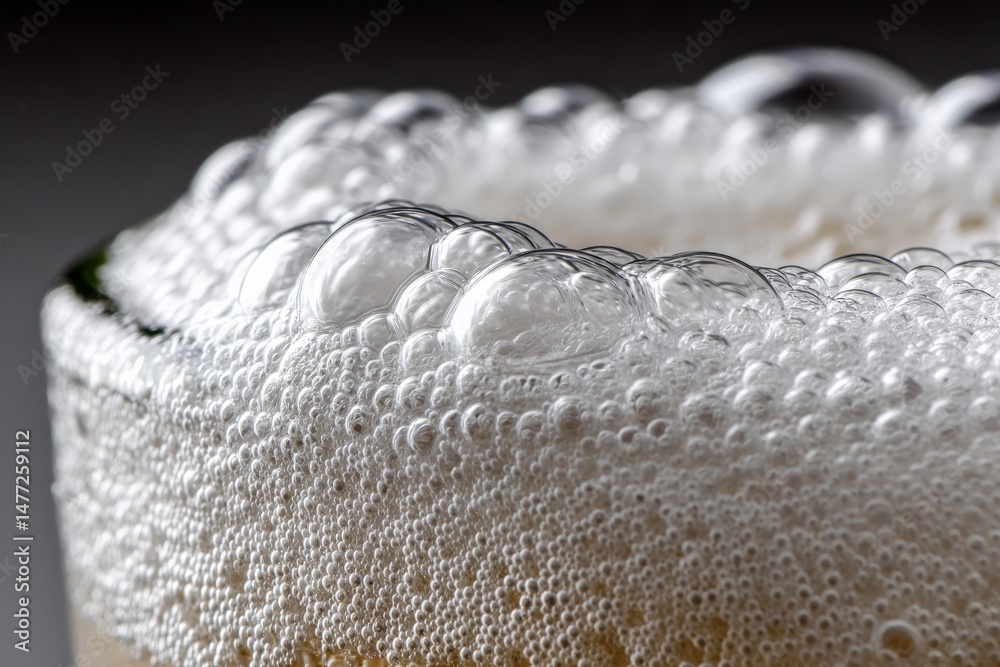 Poster bubbles rise from a freshly poured beverage in a close-up shot showcasing its frothy surface and tex