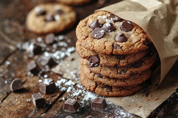 Fototapeta premium Stacked chocolate chip cookies in brown paper bag (1)