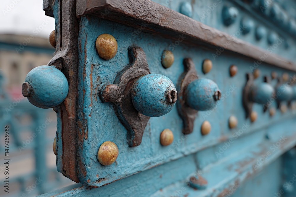 Poster Detailed view of ornamental metalwork on a historic bridge in an urban setting showing unique textures and colors