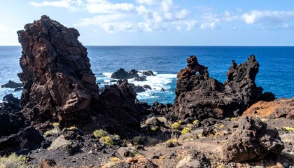Volcanic rock formations meet the ocean under a vibrant blue sky.