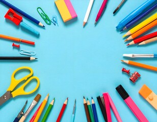 Fototapeta premium Colorful stationery supplies arranged in a circle on a light blue background, leaving a blank space in the center. Perfect for back-to-school, education, or office supplies themes.