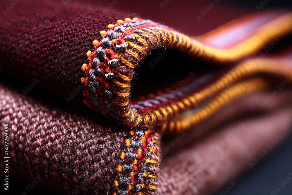 Poster Textile close-up showing intricate stitching patterns and vibrant colors on a cozy blanket folded on a dark surface