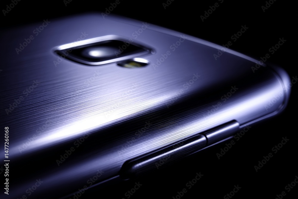 Poster close-up of a sleek smartphone showcasing its camera and metallic edge under dramatic lighting