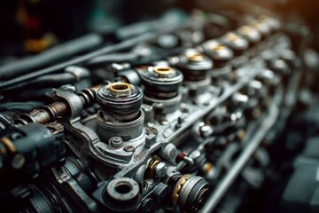 Close-up view of intricate engine components inside a vehicle during daylight, showcasing mechanical engineering precision and design