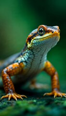 Vibrant Orange and Black Gecko Close Up Low Angle View against Blurred Green Background