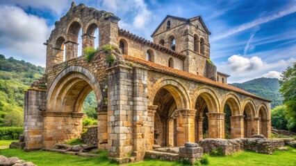 Naklejka premium Ancient Romanesque architecture ruins in Cangas de On?s, Asturias, Spain, History, Spain, History, Spain