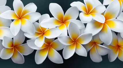 Fototapeta premium Elegant frangipani blossoms with delicate white petals and vibrant yellow centers are artistically arranged against a dark background creating a serene floral composition.