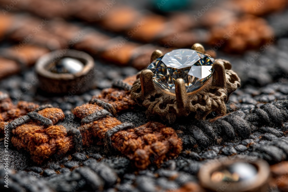 Aufkleber Close look at a sparkling gemstone set in an ornate golden clasp on embellished textile with intricate patterns