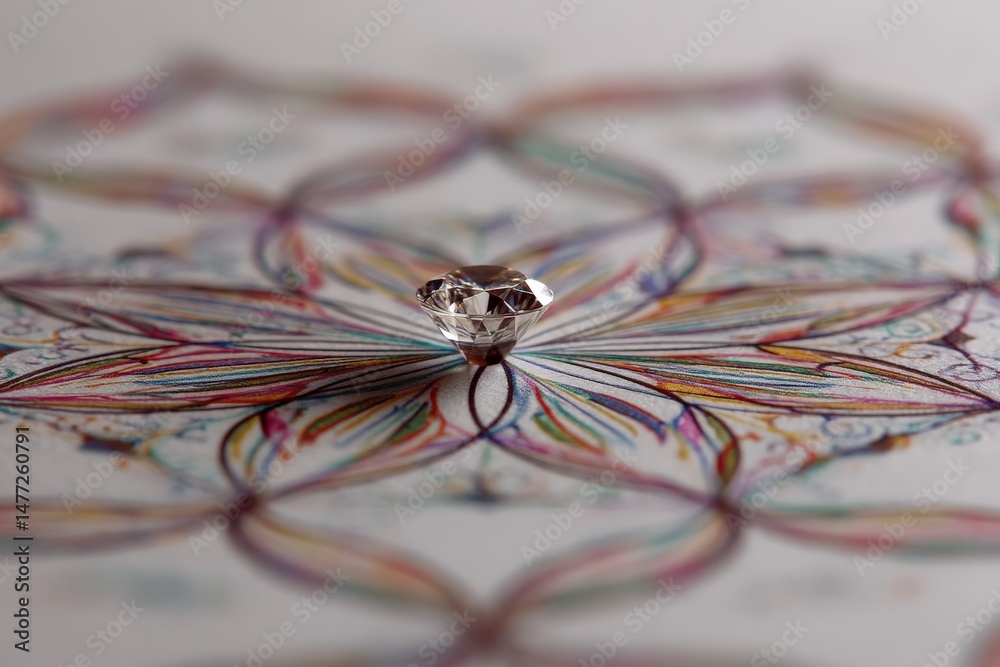 Aufkleber sparkling diamond resting on a colorful mandala drawing in a creative workspace setting