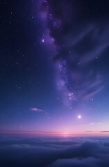 Across the dark blue night sky, a mix of stars and clouds creates a beautiful space landscape