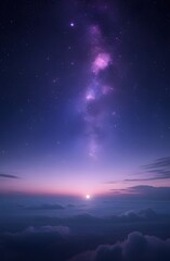 Fototapeta premium The dark night sky, a canvas of space, showcased bright stars peeking through soft clouds, illuminated by a gentle moon