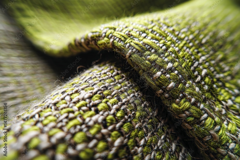 Poster Close-up of textured green fabric showing intricate weaving patterns and natural fibers in a textile studio