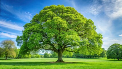 Old tall Platanus occidentalis tree stands alone in a serene green spring botanical garden with lush grass lawn, spring