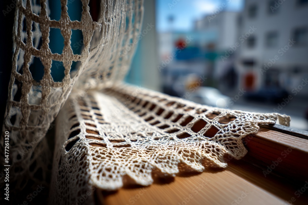 Poster delicate lace curtain drapes over a sunlit window in an urban setting capturing a serene afternoon a