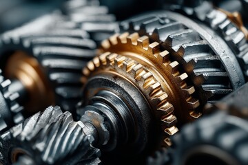 Intricate arrangement of metallic gears showcasing technology and precision engineering in a workshop setting