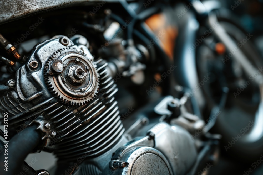 Poster close-up of a vintage motorcycle engine showcasing intricate details and craftsmanship in a garage s