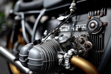 Obraz premium Close-up view of a motorcycle engine showcasing intricate details of mechanics and design