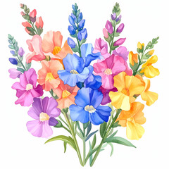 Fototapeta premium Colorful Bouquet of Snapdragon Flowers: A vibrant watercolor painting presents a stunning bouquet of snapdragon flowers, showcasing a spectrum of colors and intricate detail.