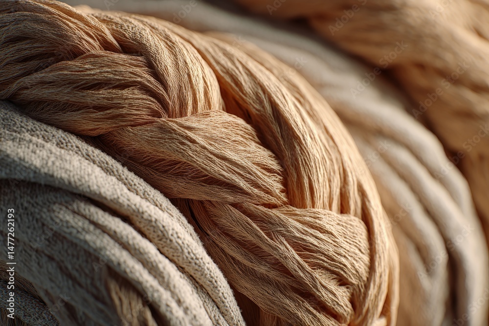 Poster textile fibers intertwined in a colorful braid showcasing various textures and hues from a crafting 