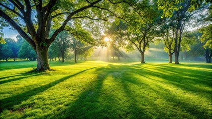 Obraz premium Serene Sunrise Illuminates Lush Green Meadow, Casting Long Shadows from Majestic Trees