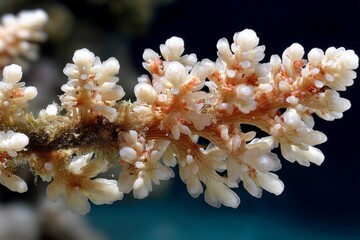 Marine coral branches displaying intricate white structures in vibrant underwater landscape