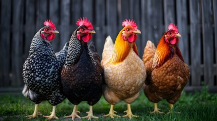 Fototapeta premium Group of colorful chickens standing together on a farm