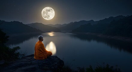 Monk Meditating Under Full Moon by Lake at Night