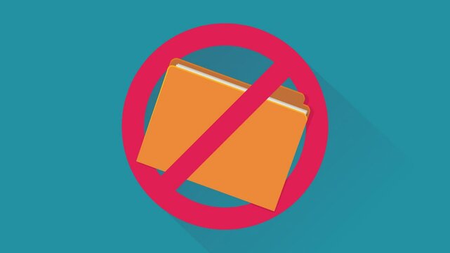Appearance of a crossed out red circular prohibition symbol on an orange folder containing pages of papers on a blue background with a long shadow in a flat design style