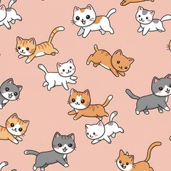 Fototapeta premium Cute Kitten Seamless Pattern, Pink Background