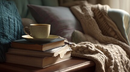 A Cozy Reading Nook with Books, a Blanket, and a Teacup for Mental Health and Wellness Harmony