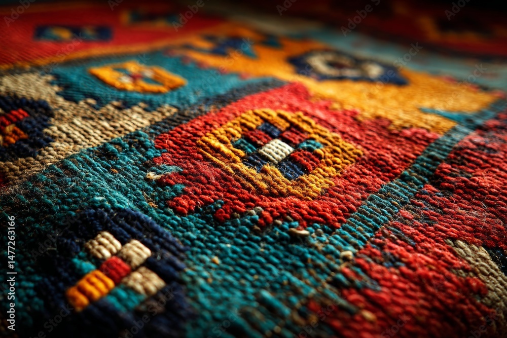 Poster Vibrant handmade textile showcasing intricate patterns and rich colors in close-up view