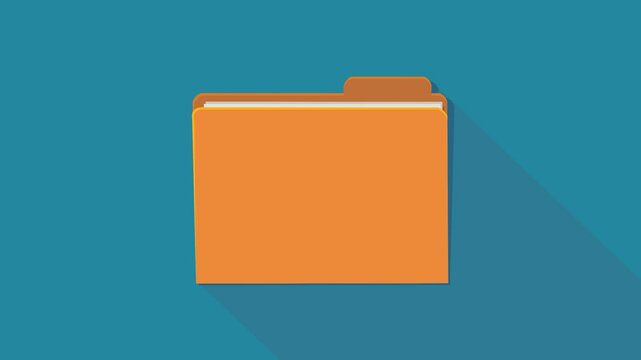 Animation of an orange folder appearing from the back then disappearing to the right of the screen in flat design style on a blue background with a long shadow