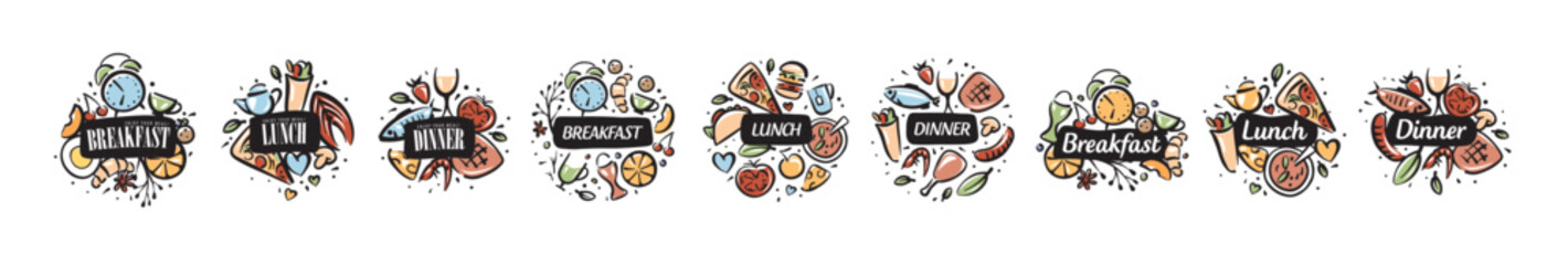 Drawn sets of products for breakfast, lunch and dinner