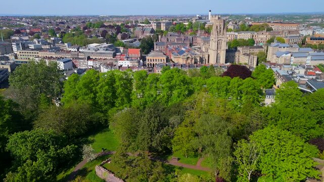 Aerial view of Bristol cityscape from Brandon Hill revealing Cabot tower 