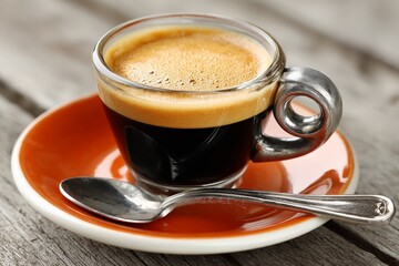 Fototapeta premium Freshly brewed coffee served in a glass cup on an orange saucer with a silver spoon resting alongside on wooden table