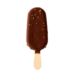 Obraz premium Chocolate-covered ice cream bar on a wooden stick against a plain background