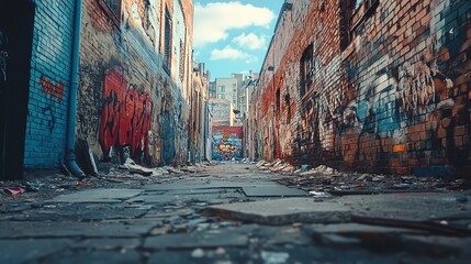 Fototapeta premium An urban alleyway featuring graffiti-covered walls, showcasing the beauty of decay and vibrant street art in a city environment.