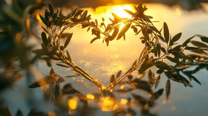 Olive branches forming a heart shape against a sunset reflected in water.