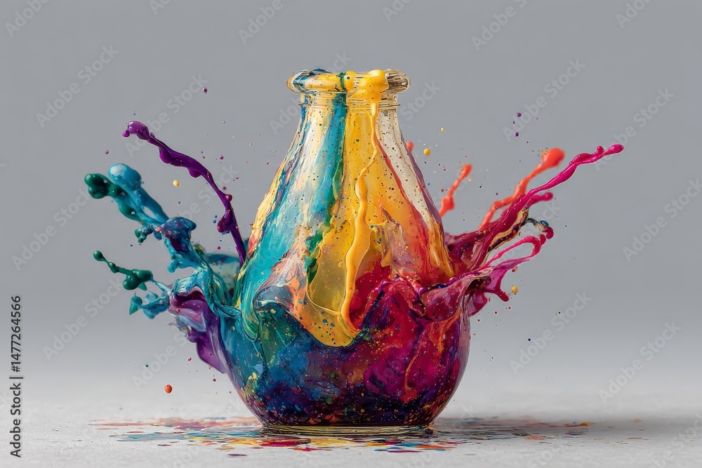 Aufkleber colorful paint splashes from glass bottle create vibrant artistic display on neutral background