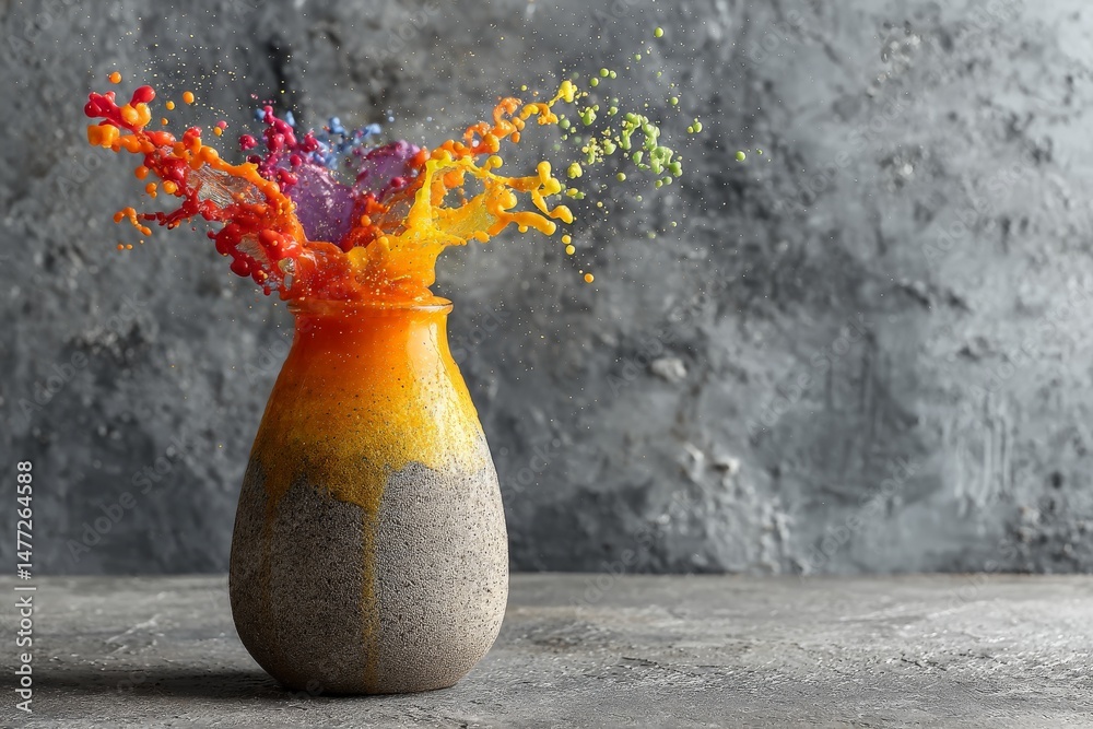 Poster colorful liquid splashing from a textured vase on a gray background at a creative art studio