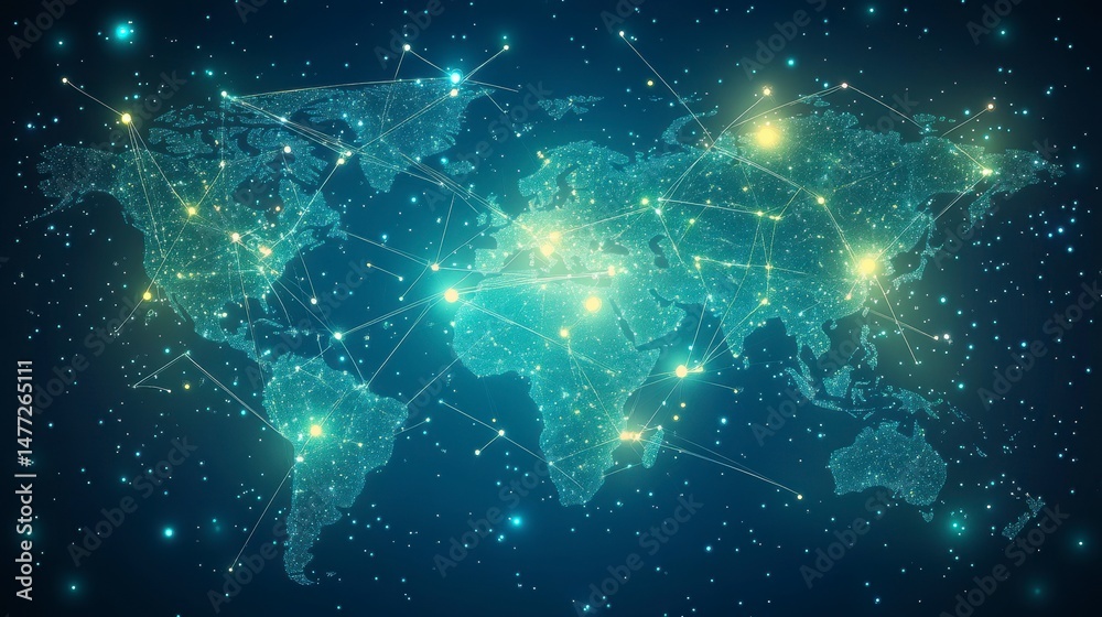 Aufkleber Global network connection, world map with glowing nodes and lines.