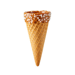 Delicious ice cream cone topped with caramel and sprinkles against a clean background