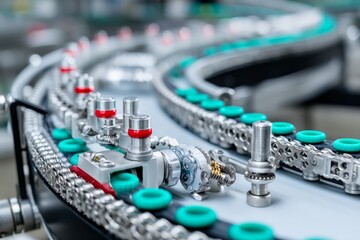 Conveyor system used in manufacturing process with intricate machinery in a factory setting